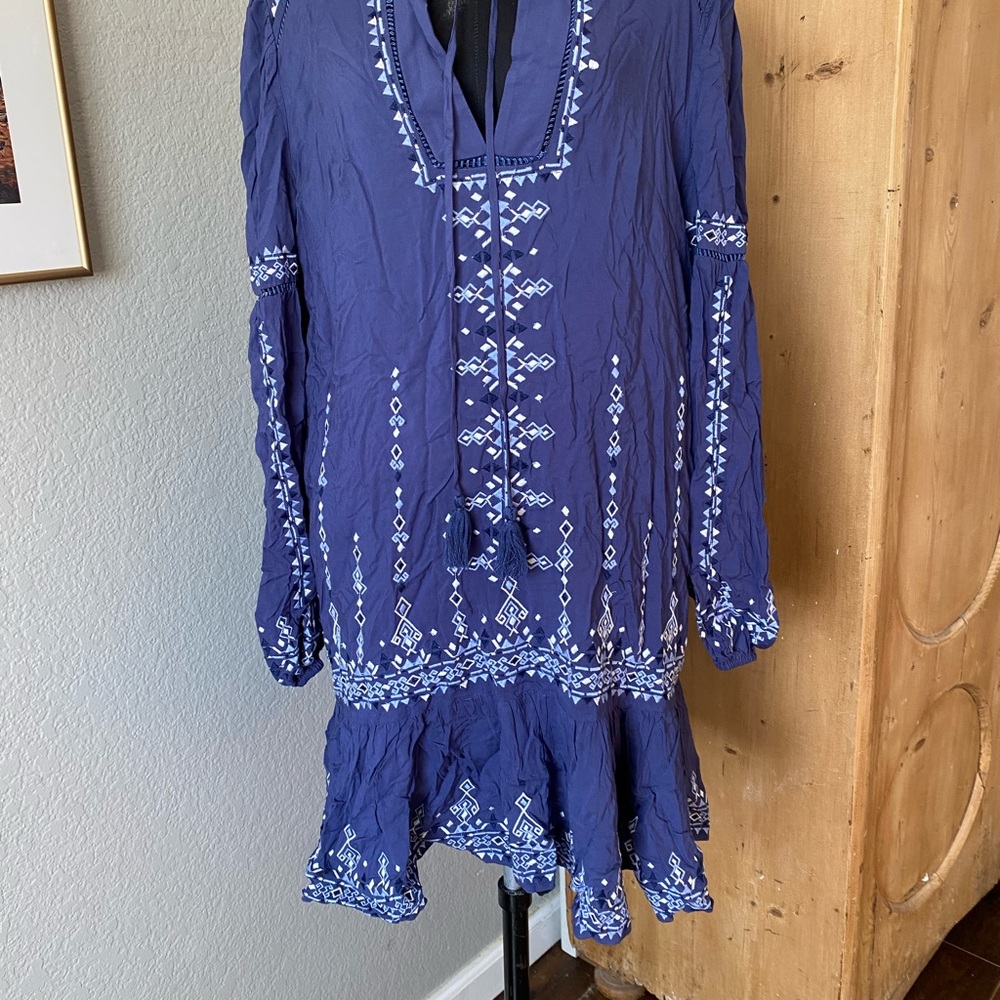 Parker Navy Embroidered Long Sleeve Dress